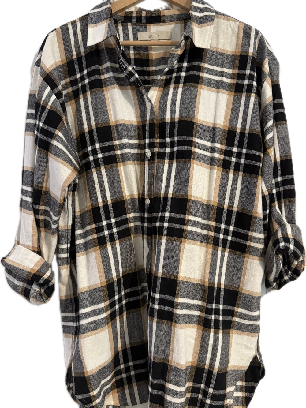 LOFT Plaid Button-Down Shirt in Black, Cream & Tan